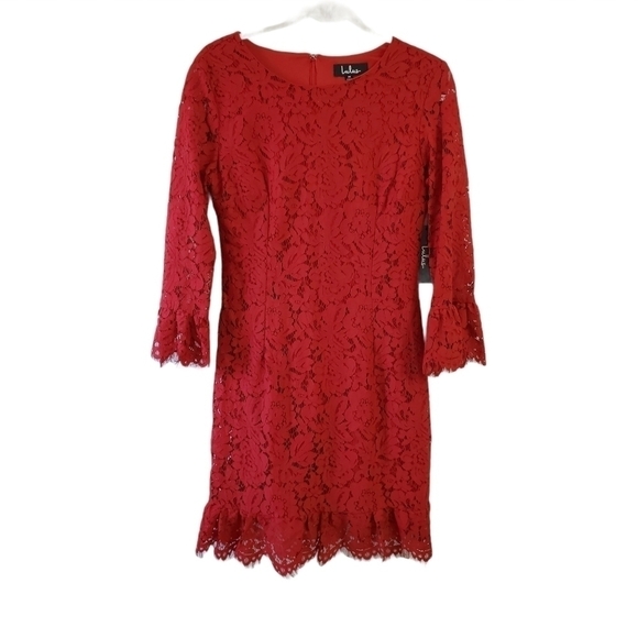Lulu's Mini Dress Medium Red Flair-est of Them All Lace Flounce Sleeve Zip NWT - Picture 1 of 12